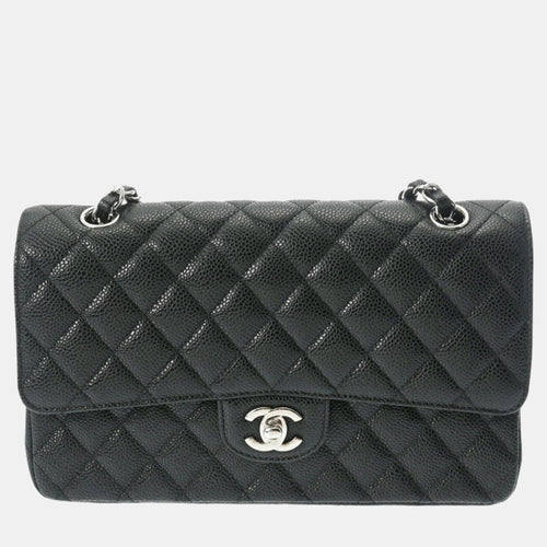 Black Caviar Skin Matelasse Chain Shoulder Double Flap 25cm Bag