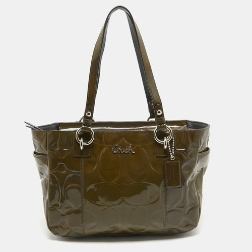 Olive Green Op Art Embossed Patent Leather East West Gallery Tote