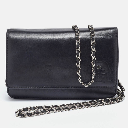 Black Leather CC Jacket Embossed Leather Wallet on Chain