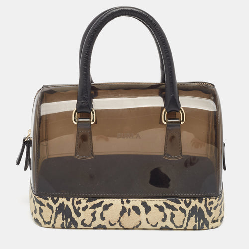 Black/Beige Leopard Print Rubber and Leather Candy Satchel
