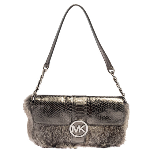 Metallic Grey Python Embossed Leather and Rabbit Fur Fulton Baguette