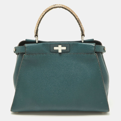 Green Selleria Leather and Python Medium Peekaboo Top Handle Bag