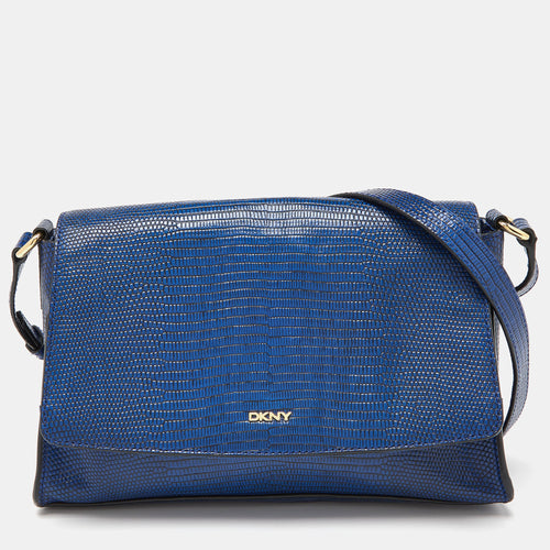 DKNY Blue Croc Embossed Leather Bryant Flap Crossbody Bag