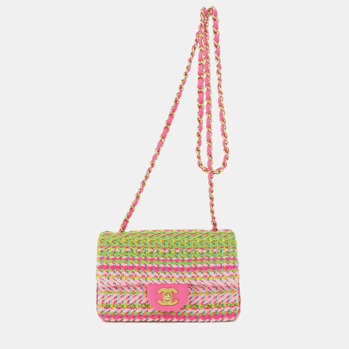 Pink/Green Cotton Mixed Fibers Woven Mini Rectangular Flap Bag