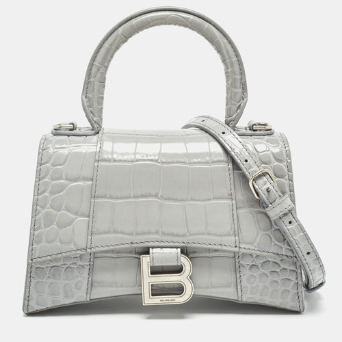 Grey Croc Embossed Leather XS Hourglass Top Handle Bag