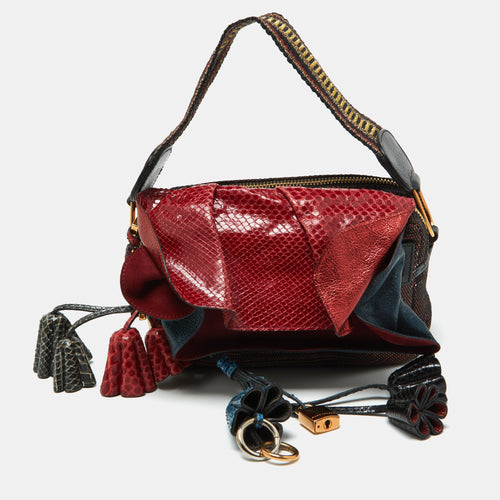 Multicolor Python, Leather and Canvas Shoulder Bag