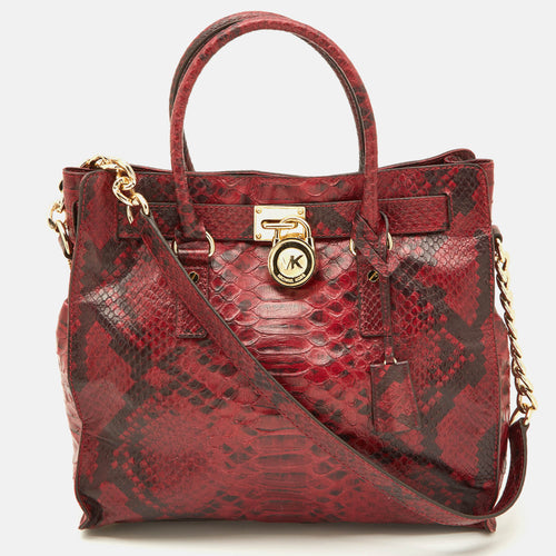 Red/Black Python Embossed Leather Large Hamilton North South Tote