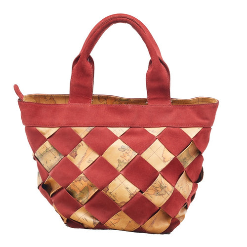 Beige/Red Geo Print woven Coated Canvas and Suede Tote