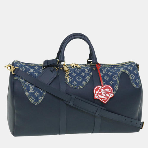 Virgil Abloh Blue Monogram Denim and Navy Grained Taurillon Drip Keepall Bandoulière 50 Duffel Bags