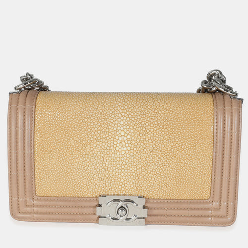 Beige Galuchat Stingray Lambskin Medium Boy Flap Shoulder Bag