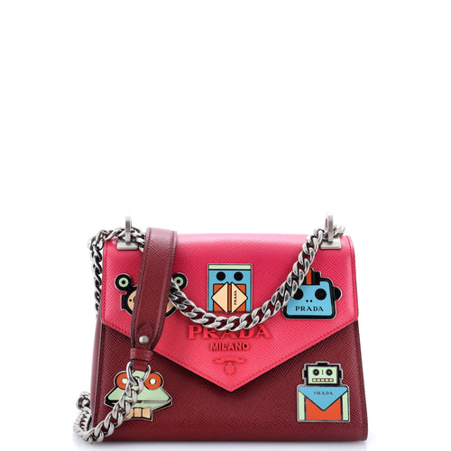 PRADA Robot Patches Envelope Flap Chain Shoulder Bag Saffiano Leather Small