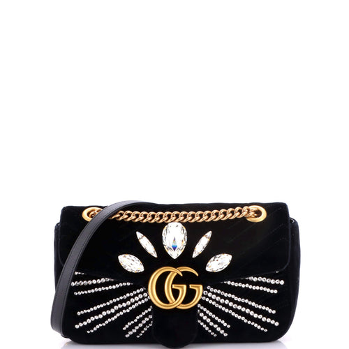 GUCCI GG Marmont Flap Bag Crystal Embellished Matelasse Velvet Medium