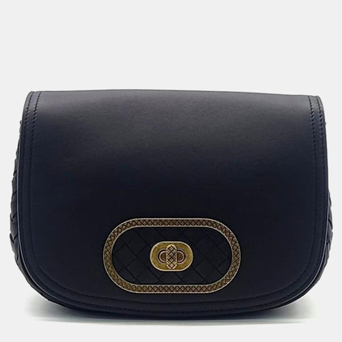 Black Leather Intrecciato-Trimmed BV Luna Crossbody Bag