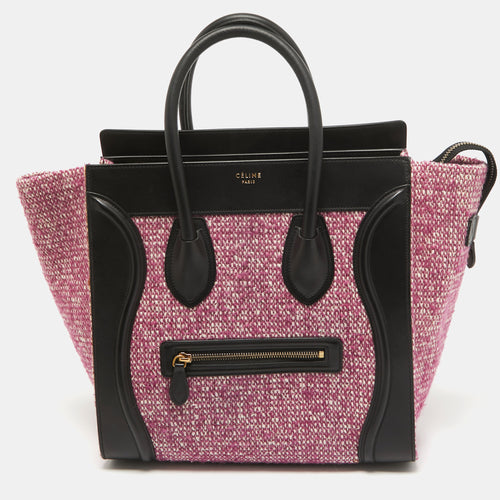 Black/Fuchsia Knit Fabric and Leather Mini Luggage Tote