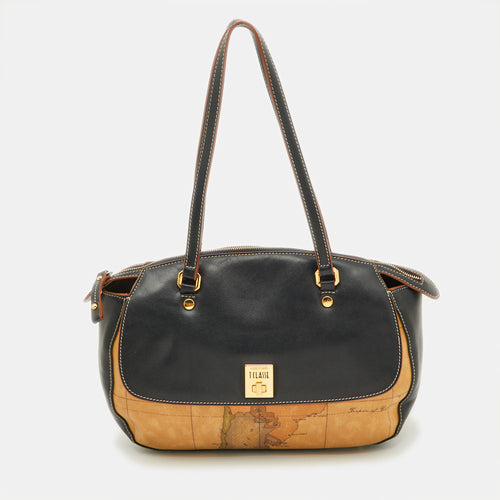 Tan/Black Geo Print Coated Canvas and Leather Satchel