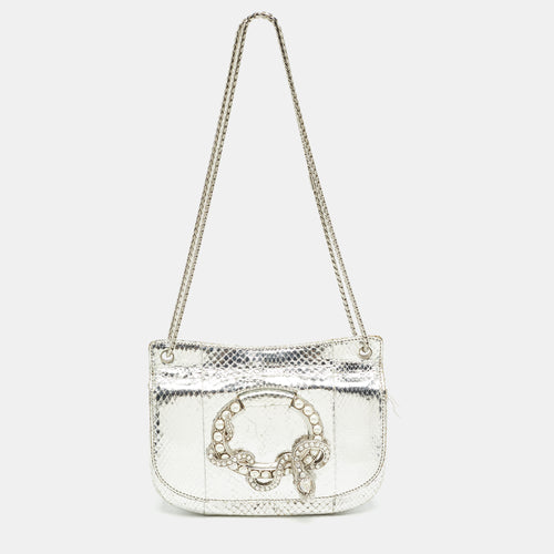 Silver Laminated Snakeskin Leather Embellished Shoulder Bag