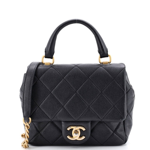 CHANEL Square Top Handle Flap Bag Quilted Shiny Caviar Mini