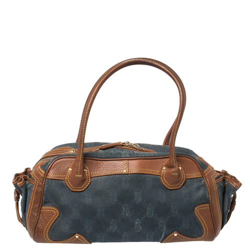 Blue/Brown Macadam Denim and Leather Drawstring Pocket Satchel