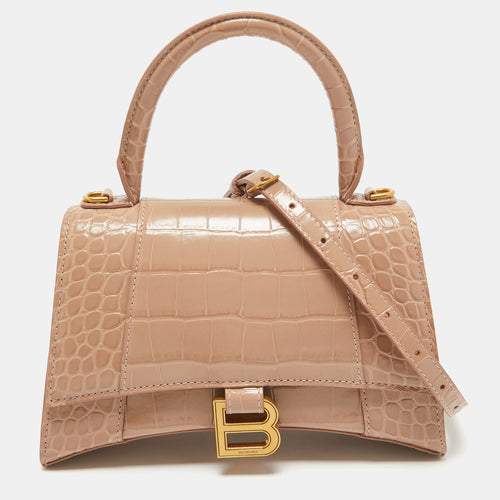 Beige Croc Embossed Leather Small Hourglass Top Handle Bag