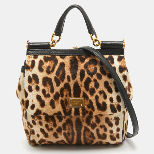 Brown/Beige Leopard Print Calfhair and Leather Medium Sicily Top Handle Bag