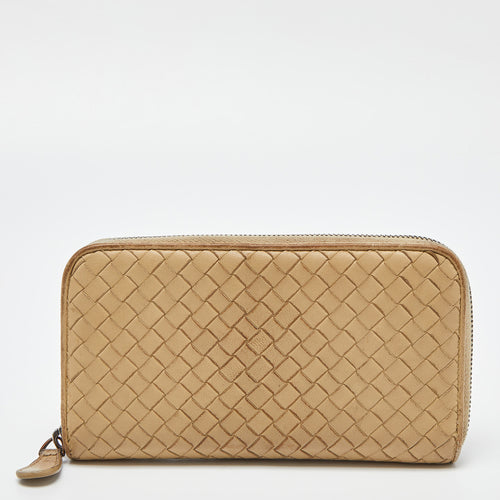 Cream Intrecciato Leather Zip Around Wallet
