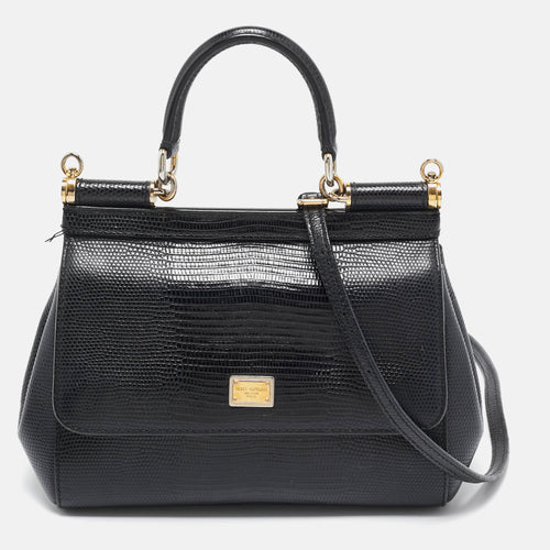 Black Lizard Embossed Leather Small Miss Sicily Top Handle Bag