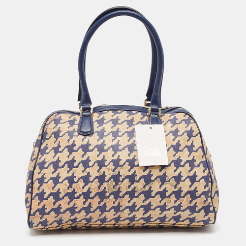 Blue/Beige Pattern Print Coated Canvas Satchel