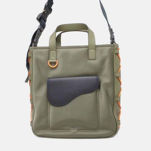 X Sacai Collaboration Moss Green/Navy Nylon Leather Saddle Tote Bag