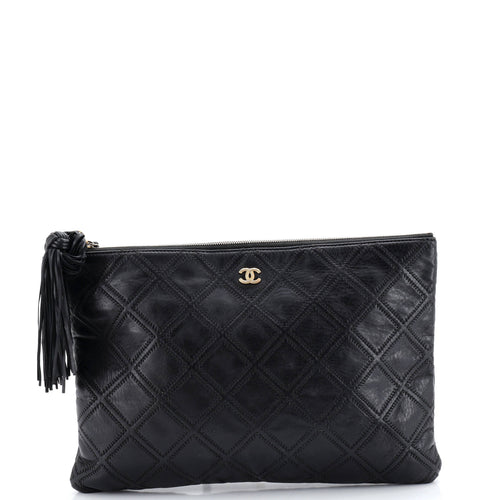 CHANEL Diamond Double Stitch O Case Clutch Quilted Calfskin Large