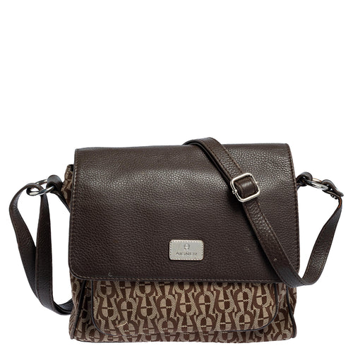 Beige/Brown Signature Canvas and Leather Flap Shoulder Bag