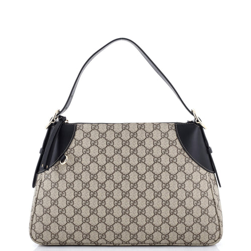 GUCCI Emblem Shoulder Bag GG Coated Canvas with Leather Large