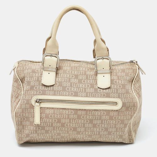 Beige Signature Canvas and Patent Leather Boston Bag
