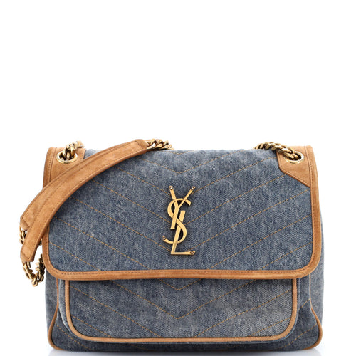 Niki Chain Flap Bag Matelasse Chevron Denim with Suede Medium