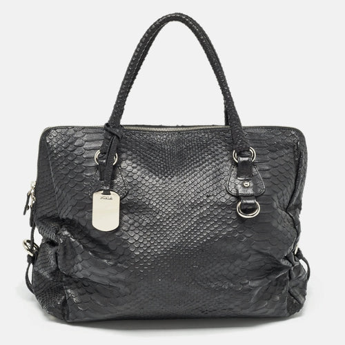 Black Python Embossed Leather Expandable Zip Satchel