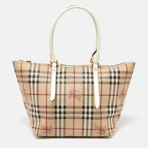 Beige/White Haymarket Check Coated Canvas and Patent Leather Salisbury Tote
