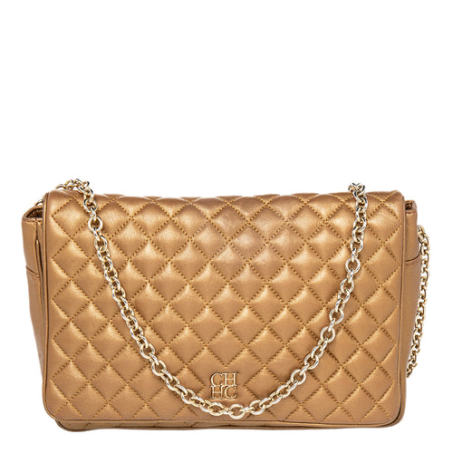 Metallic Gold Quilted Leather Chain Flap Shoulder Bag