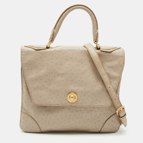 Grey Ostrich Embossed Leather Flap Top Handle Bag