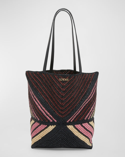 x Paula's Ibiza Medium Puzzle Fold Tote Bag in Striped Raffia with Leather Handles