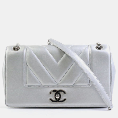 Silver Metallic Leather Chevron Mademoiselle Vintage Flap Bag