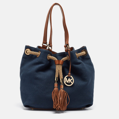 Navy Blue/Brown Canvas Marina Drawstring Tote