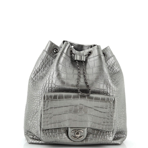 CHANEL Drawstring Backpack Crocodile Embossed Calfskin Large