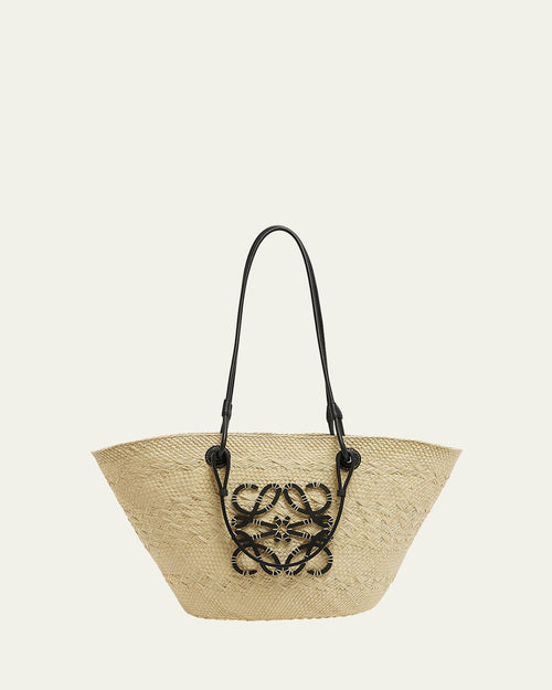 x Paula's Ibiza Anagram Basket Bag in Iraca Palm with Leather Handles