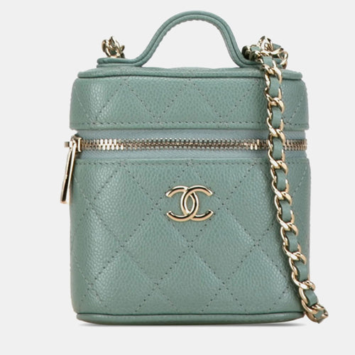 Green Caviar Quilted Small Handle With Care Vanity Case With Chain