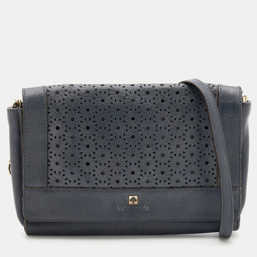 Dark Grey Leather Perforated Flap Shoulder Bag