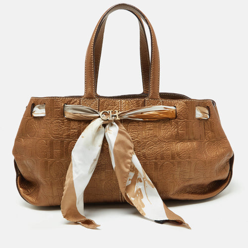 Bronze Monogram Embossed Leather Scarf Tote