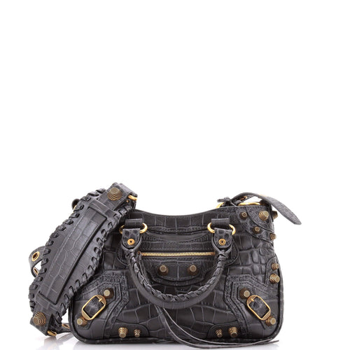 Le Cagole Giant Studs Tote Crocodile Embossed Leather Small