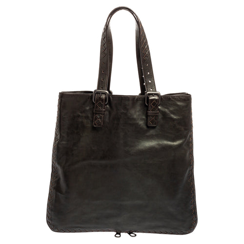 Dark Brown Intrecciato Trim Leather Expandable Tote