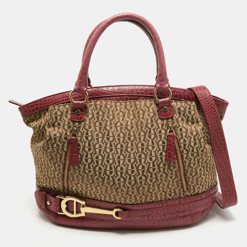 Brown/Pinnk Signature Canvas and Croc Embossed Leather Buckle Logo Satchel