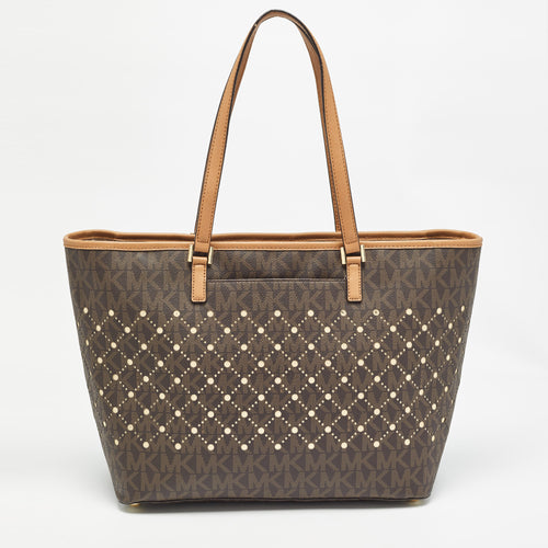 Brown Signature Coated Canvas and Leather Jet Set Violet Tote