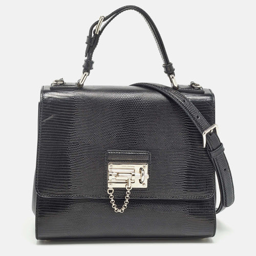 Black Lizard Embossed Leather Medium Miss Monica Top Handle Bag